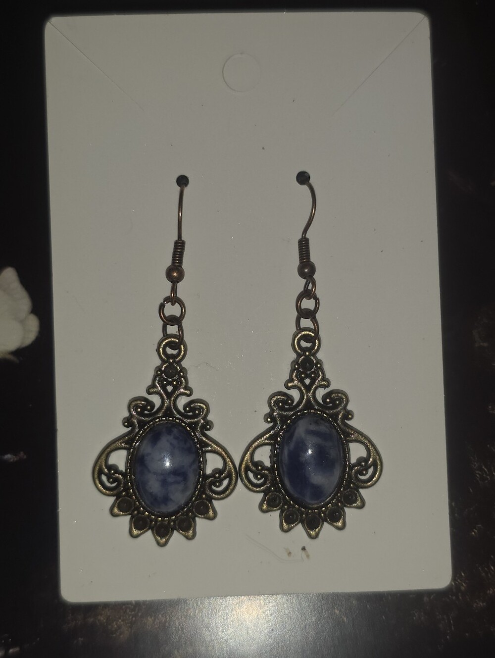Sodalite Gemstone Earrings Inside A Bronze Tone Vintage Inspired Frame